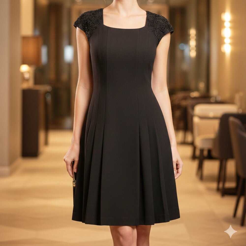 MariAnna Black Beaded Cocktail Dress - Size 8 - Vintage LBD
